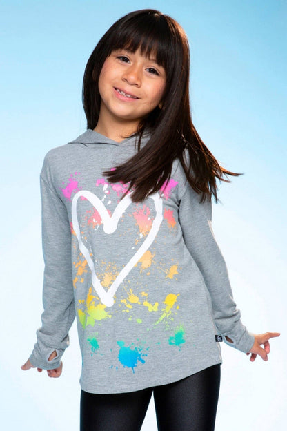 Heather Grey Rainbow Heart Modal Knit Hoodie Pullover with Thumbholes