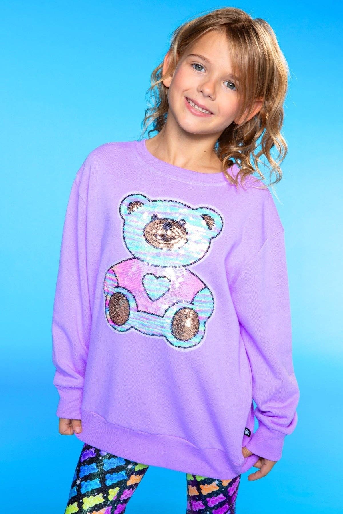 Cotton Soft French Terry Oversized Sweatshirt in Neon Violet Sequin Bear