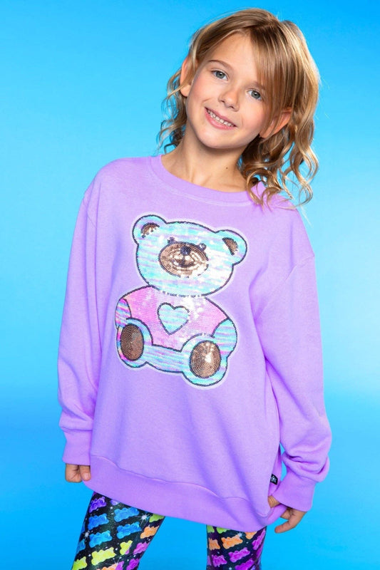 Cotton Soft French Terry Oversized Sweatshirt in Neon Violet Sequin Bear