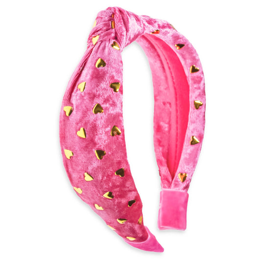 Hot Pink Velvet Gold Heart Stud Knot Headband