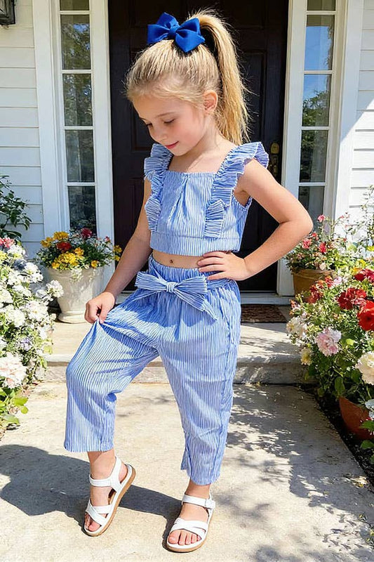 Blue Striped Ruffle Top + Pant Set