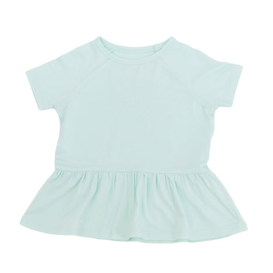 Our beloved Ruffle Bottom Shirt now comes in a short sleeve version! This signature bamboo fabric is good for the Earth and for your children.  Safe for sensitive skin. Tagless label for total comfort.  Machine washable and dryable!  95% Viscose from Bamboo 5% Spandex.