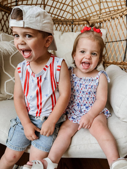 Red, White and Bows Smocked Bamboo Bubble Romper