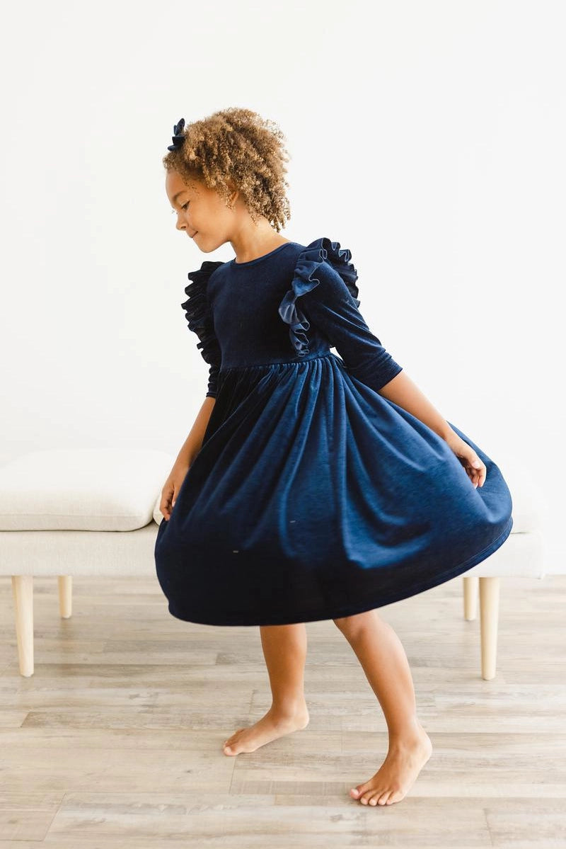 Navy Ruffle Velvet Twirl Dress