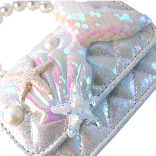 White Mermaid Quilted Purse with Pearl Handle