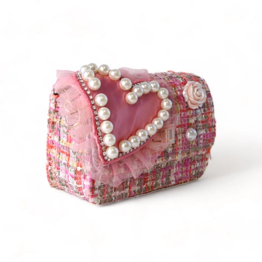 Pink Heart Tweed Purse with Gold Chain Strap