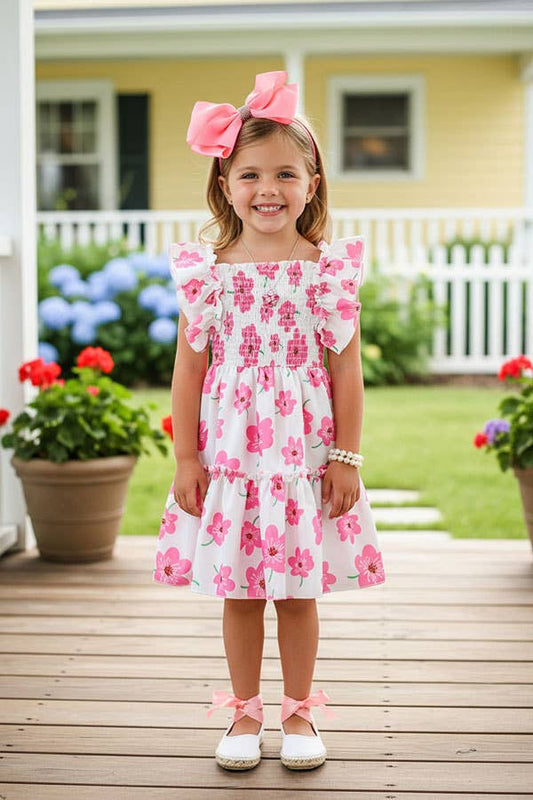 Pink Floral Ruffle Sleeve Dress