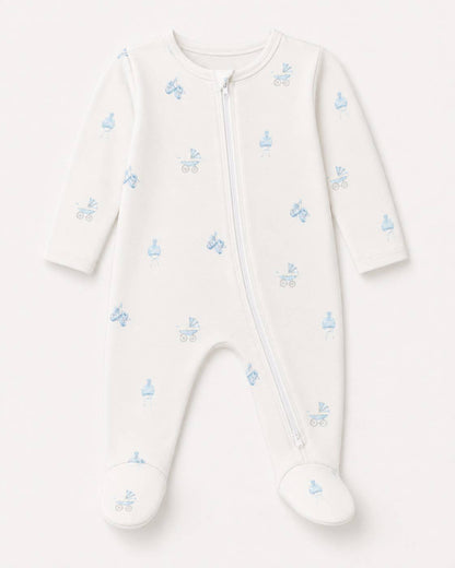 Baby Blue Carriage Cotton Zipper Footie