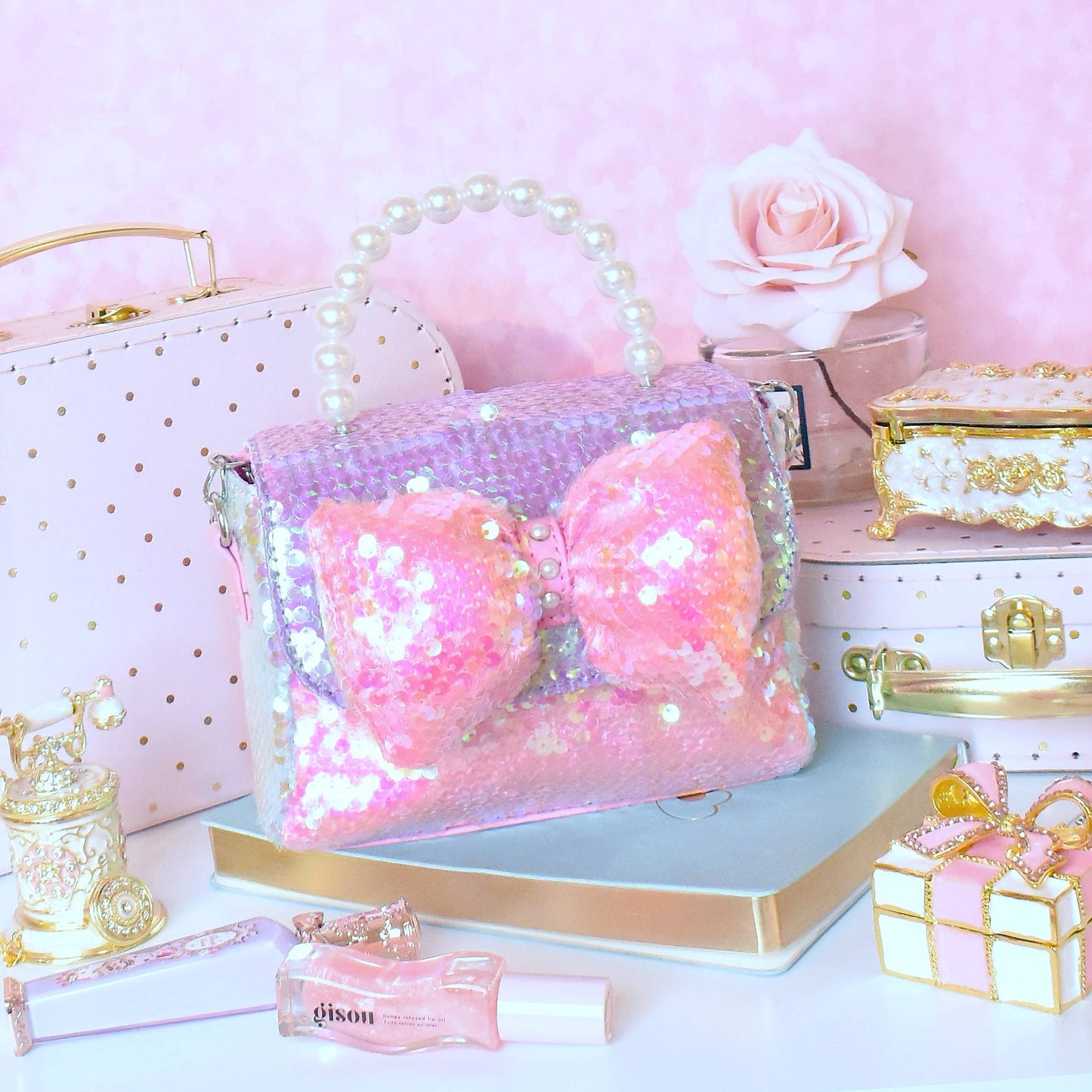 Sequin Bow Top Handle Mini Bag