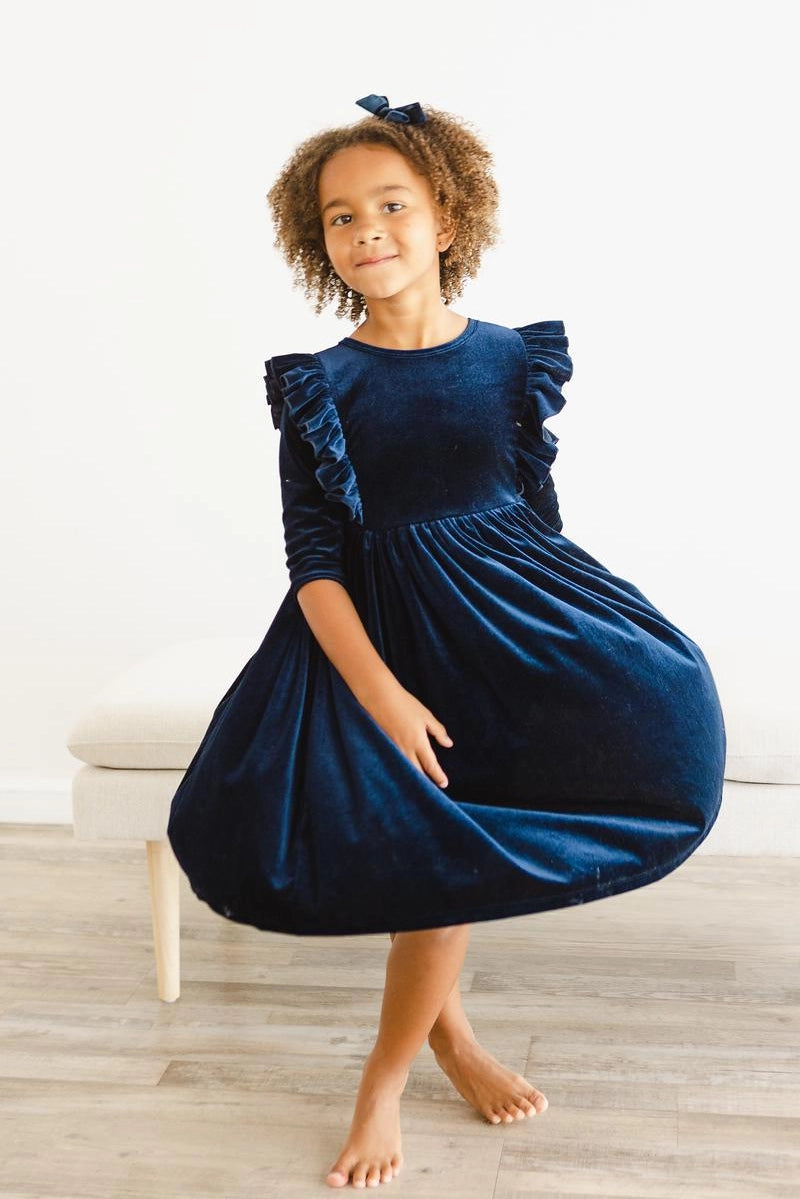 Navy Ruffle Velvet Twirl Dress