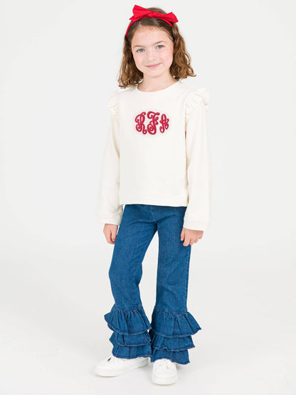 Stretch Denim Ruffle Flare Pants