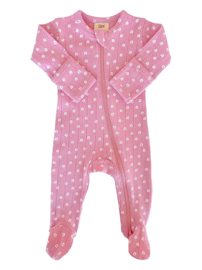 Pink Flower Organic Cotton Pointelle Zipper Footie