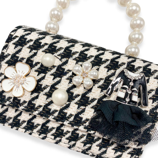 Black + White Houndstooth Charms Purse with Pearl Handle