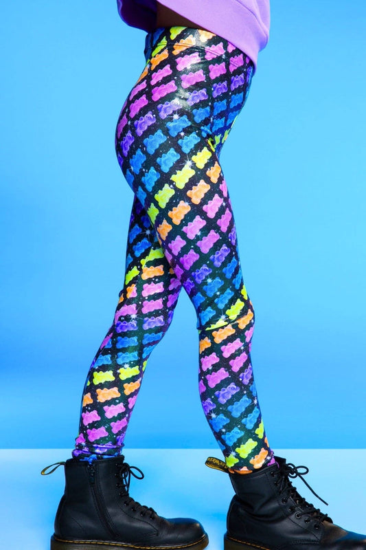 Glitter Foil High Shine Legging in Black Sparkle Rainbow Gummy Bear