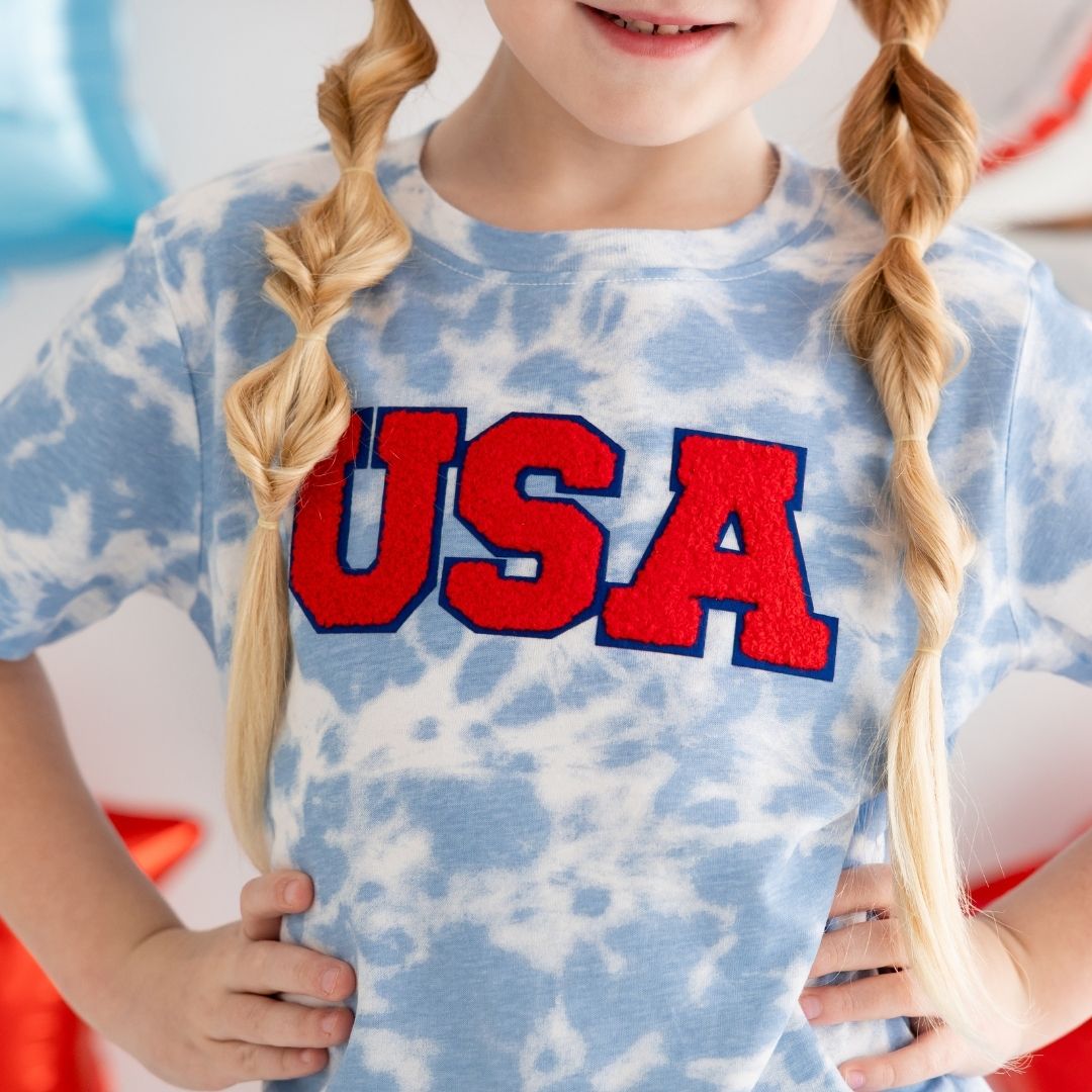 USA Patch Short Sleeve T-Shirt in Sky Tie Dye