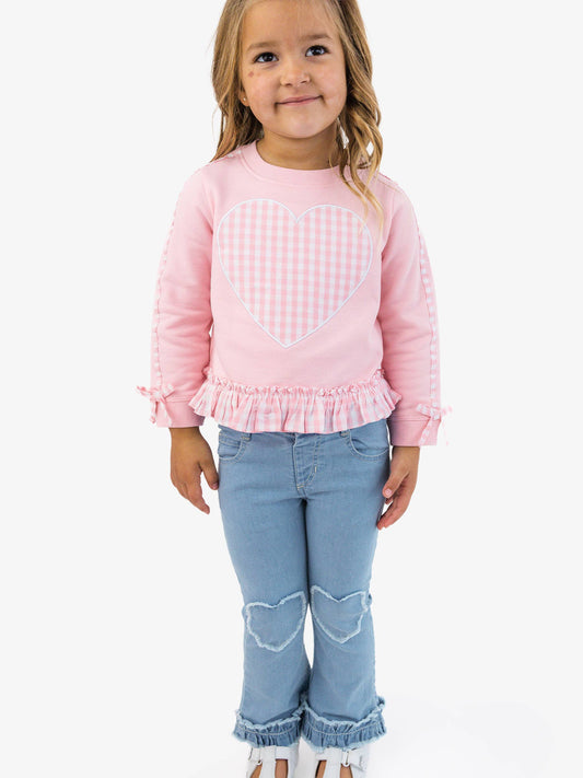 Light Wash Stretch Denim Heart Appliqué Crop Flare Jeans
