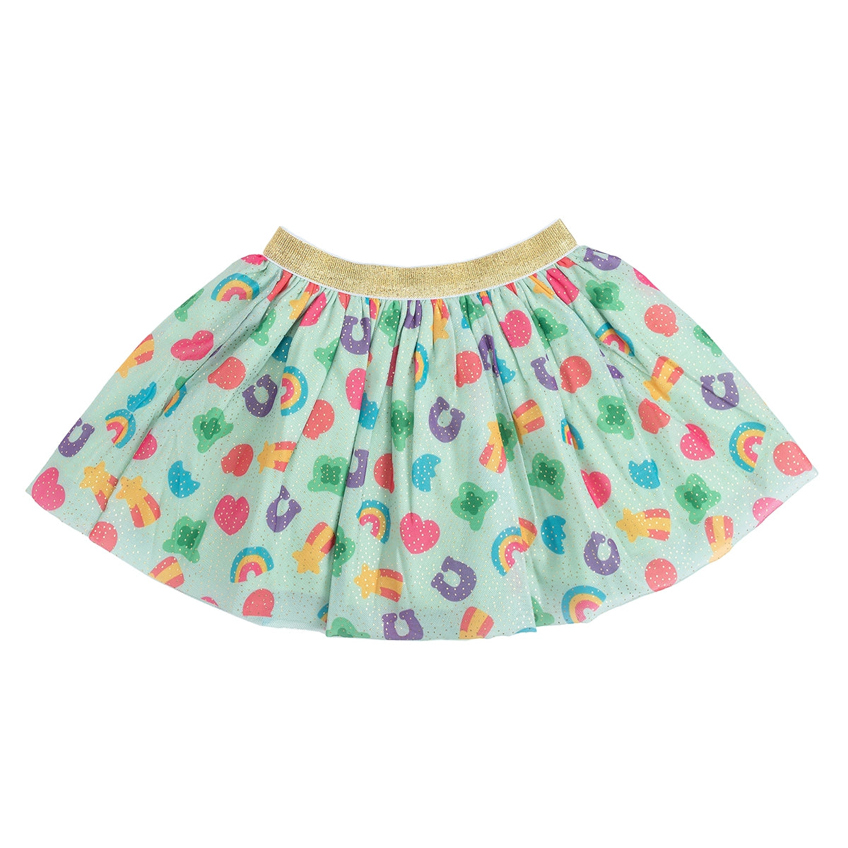This Sweet Wink Lucky Charm Tutu is a fun skirt and dress up tutu for celebrating St. Patrick's Day! Features super soft light green tulle printed with a lucky charm pattern accented with gold glitter pin dots. Pale green cotton lining for added coverage and comfort. Non-shed gold glitter waistband.  Hand wash and line dry.  Women owned, mama owned. 