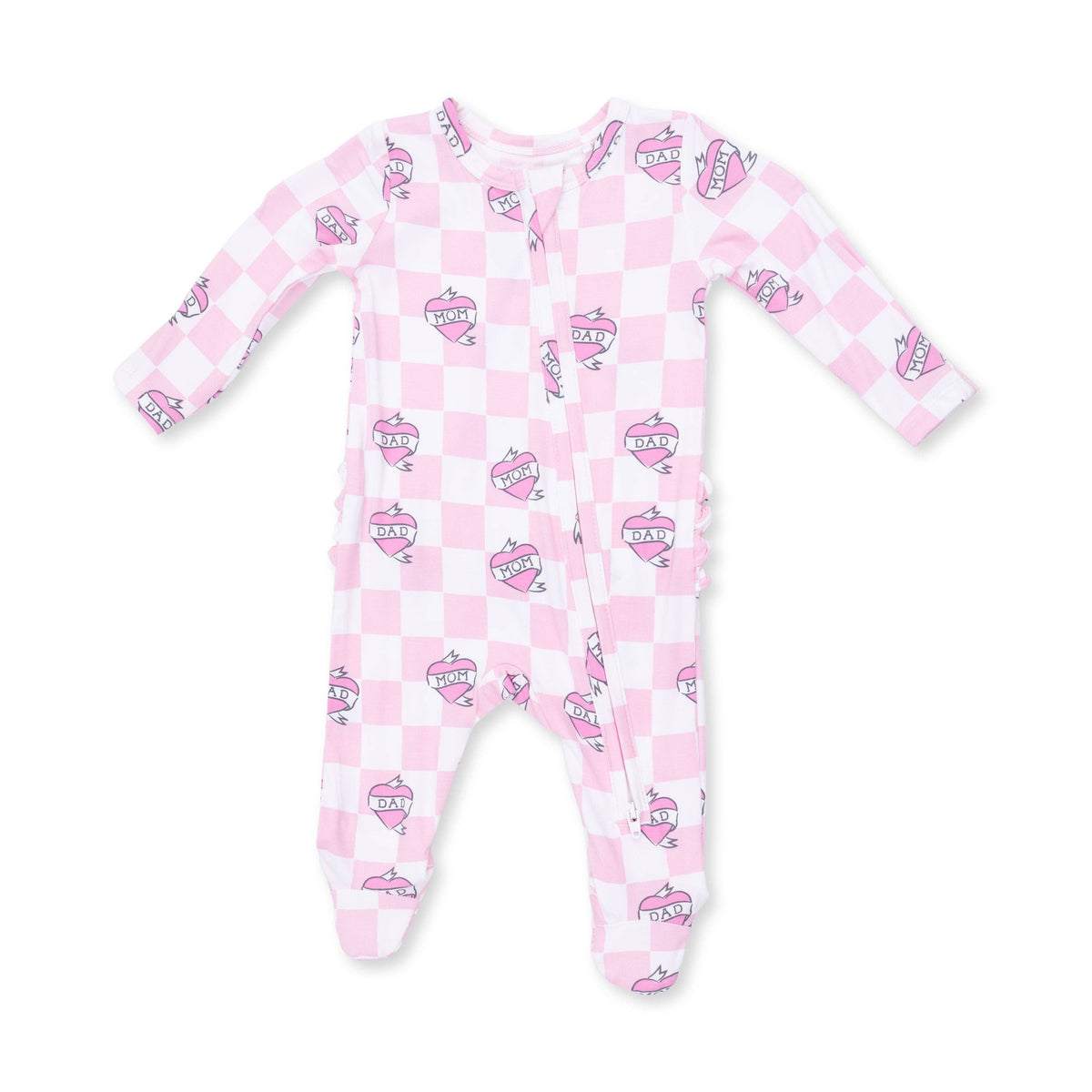 Heart Tattoo Pink Bamboo Ruffle Zipper Footie