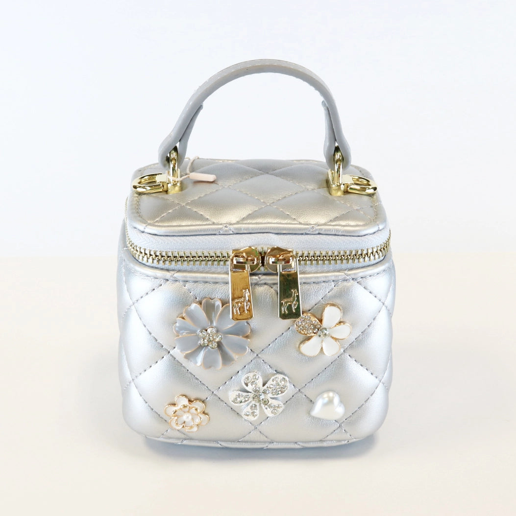 Silver Quilted Top Handle Purse with Charms