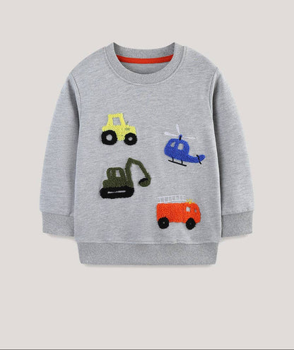 Grey Cartoon Vehicles Embroidered Sweatshirt
