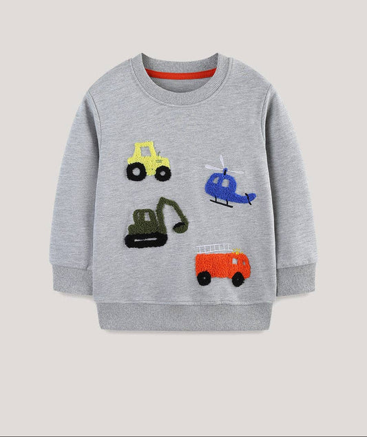 Grey Cartoon Vehicles Embroidered Sweatshirt