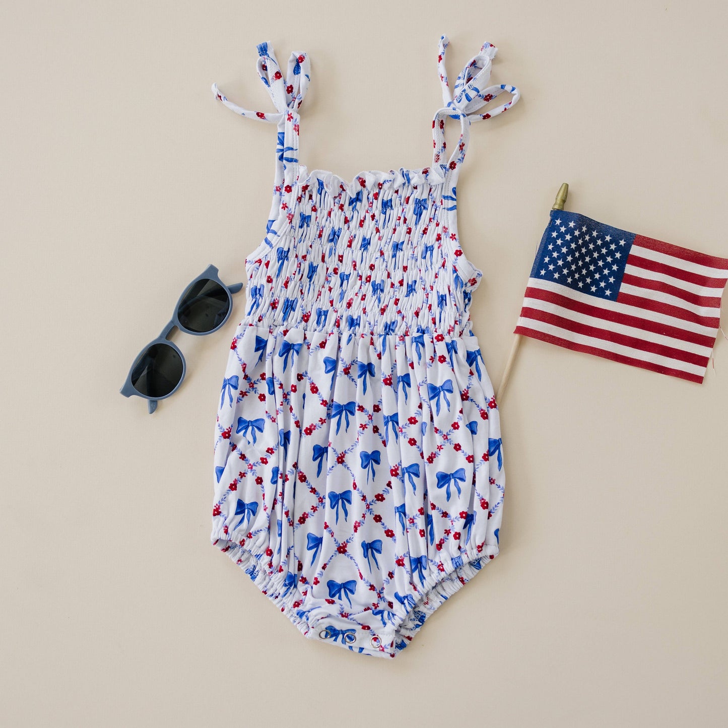 Red, White and Bows Smocked Bamboo Bubble Romper