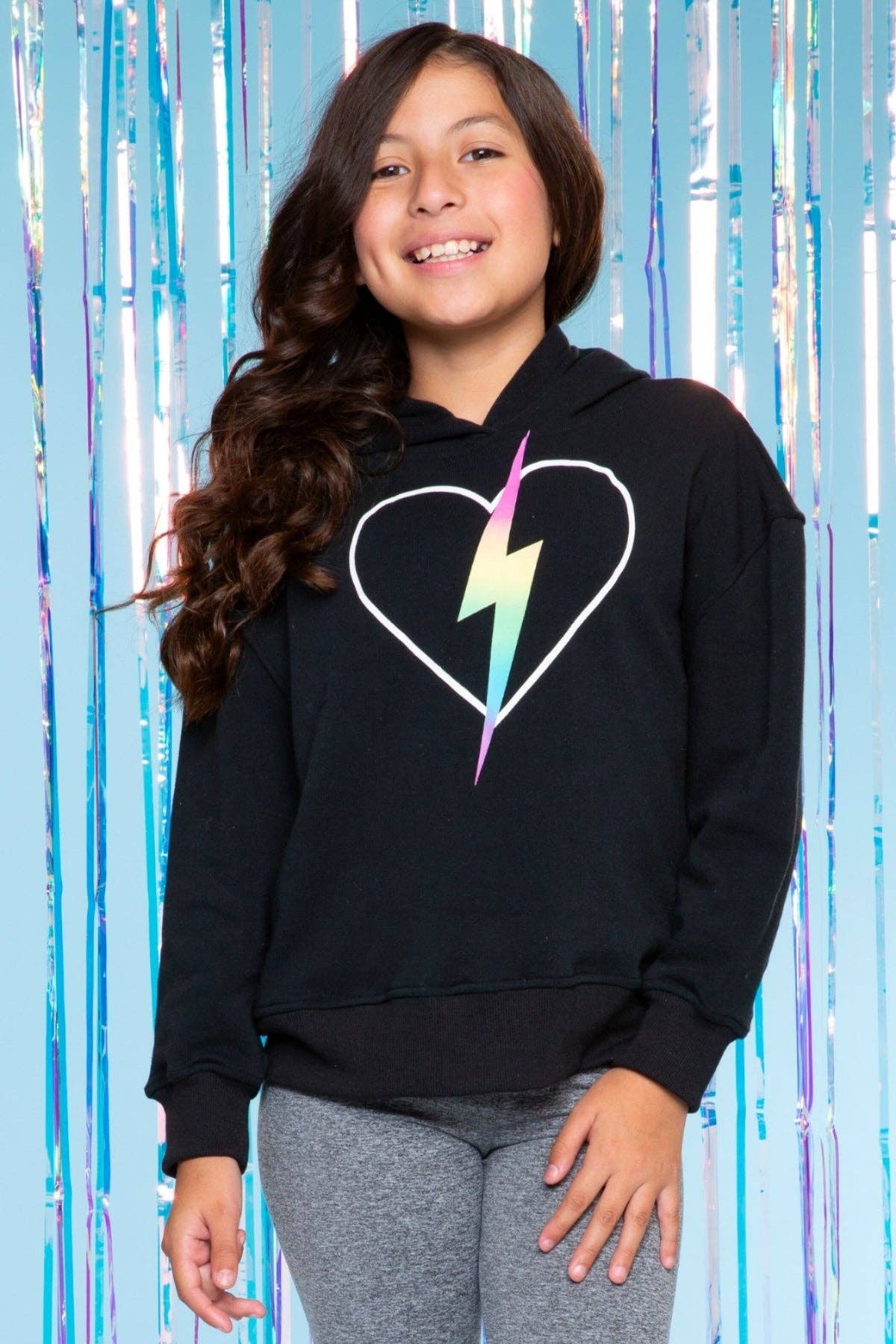 Cotton Soft French Terry Everyday Hoodie in Black Rainbow Heart Bolt