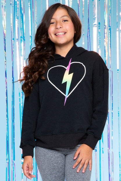 Cotton Soft French Terry Everyday Hoodie in Black Rainbow Heart Bolt