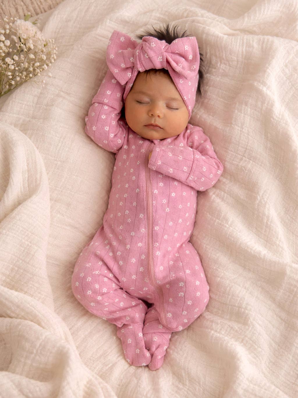 Pink Flower Organic Cotton Pointelle Zipper Footie