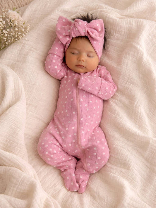Pink Flower Organic Cotton Pointelle Zipper Footie