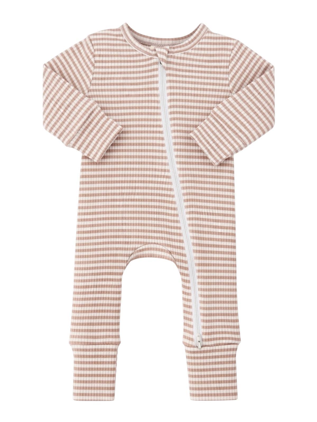 Tan Stripe Ribbed Zipper Romper