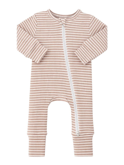 Tan Stripe Ribbed Zipper Romper