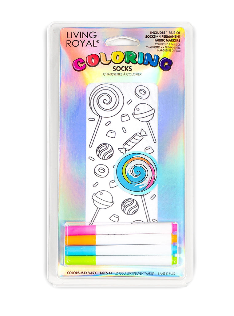<p><span data-mce-fragment="1">Color your&nbsp;way with our&nbsp;Candy Explosion Coloring Socks! </span></p> <p><span data-mce-fragment="1">Pack includes 1 pair of&nbsp;coloring ankle&nbsp;socks + 4 permanent fabric markers (colors may vary).</span></p> <p><span data-mce-fragment="1">ONE SIZE FITS MOST(child age 4+ through women size 11).&nbsp;</span></p> <p><span data-mce-fragment="1">Machine washable.</span></p>