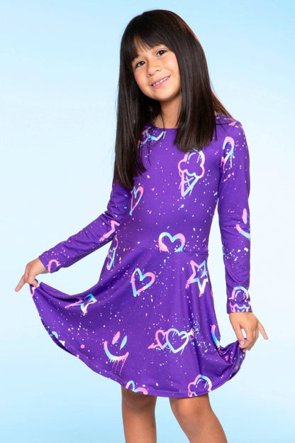 Purple Graffiti Rainbow Simply Soft Long Sleeve Skater Dress
