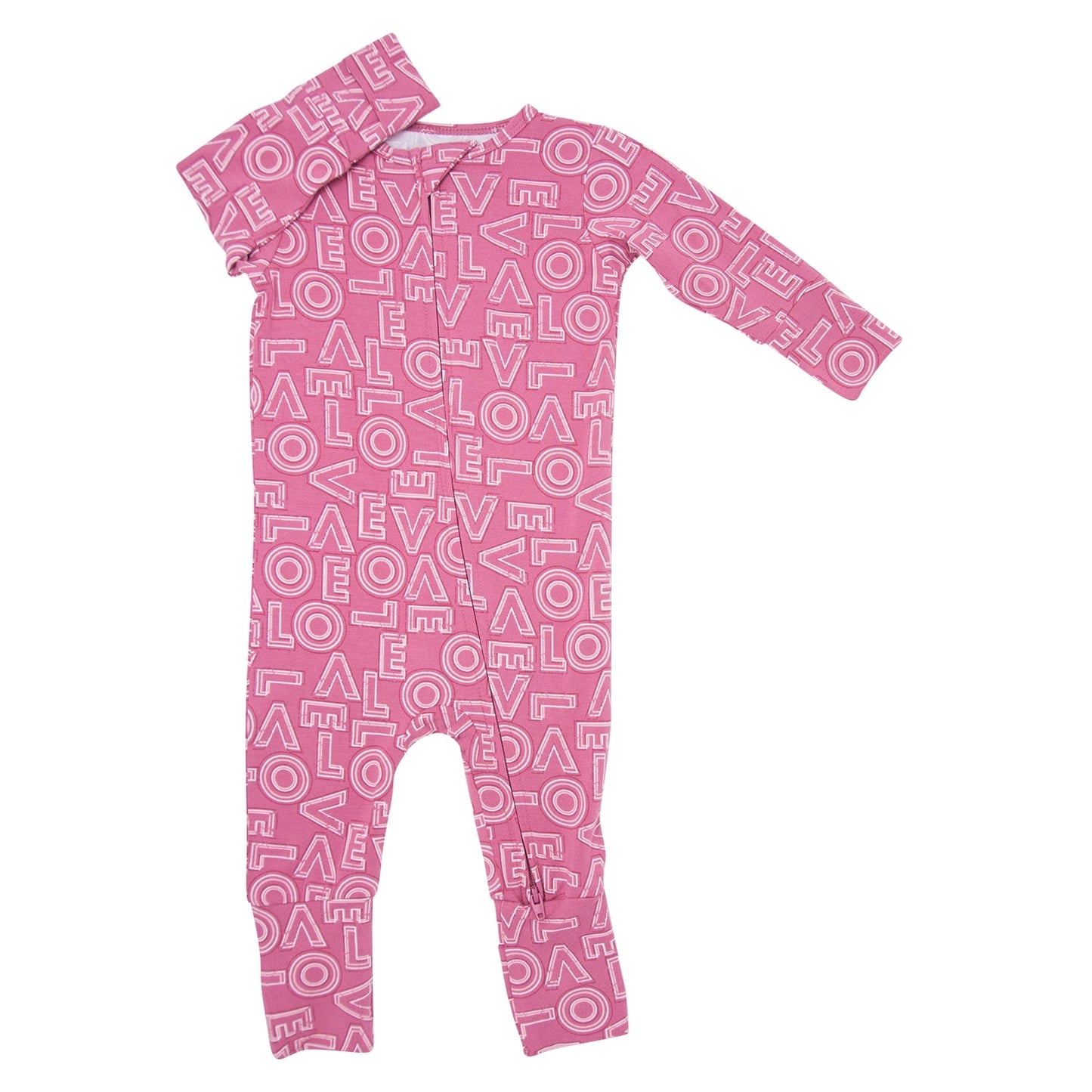 All You Need Is Love Bamboo Zipper Romper.  Safe for sensitive skin. Tagless label for total comfort.  Machine washable and dryable!  95% Viscose from Bamboo 5% Spandex.