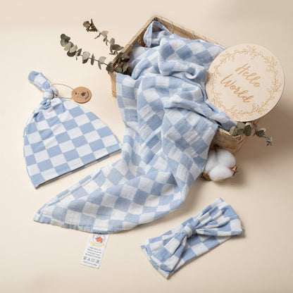 Mist Blue Checkered Organic Cotton Swaddle Set