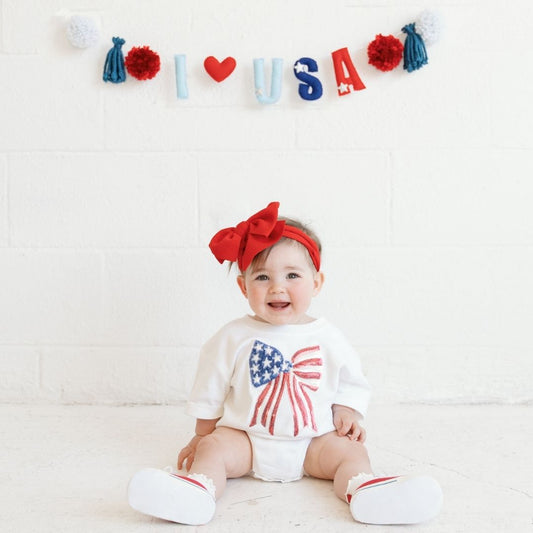 Patriotic Sequin Bow Patch Short Sleeve Romper