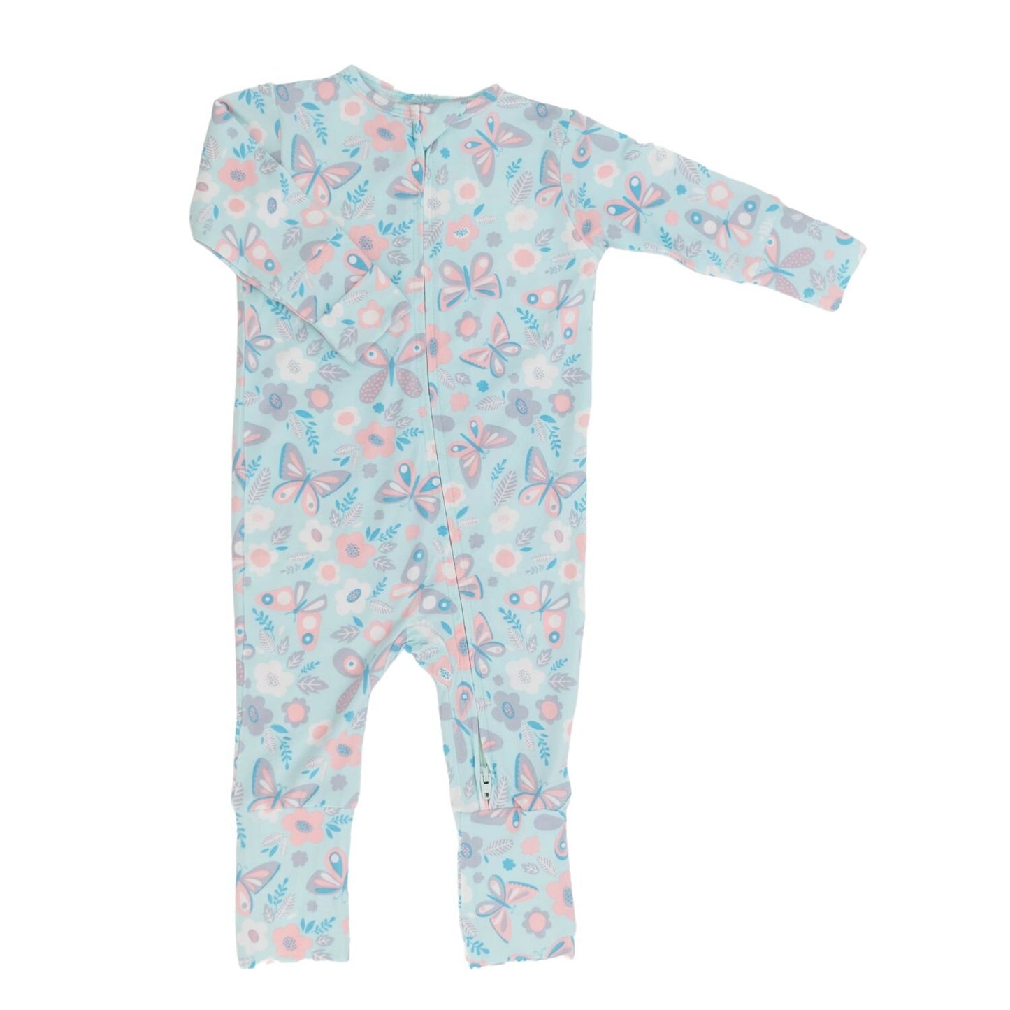 Butterfly Aqua Bamboo Zipper Romper.  Safe for sensitive skin. Tagless label for total comfort.  Machine washable and dryable!  95% Viscose from Bamboo 5% Spandex.
