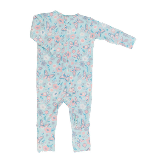 Butterfly Aqua Bamboo Zipper Romper.  Safe for sensitive skin. Tagless label for total comfort.  Machine washable and dryable!  95% Viscose from Bamboo 5% Spandex.