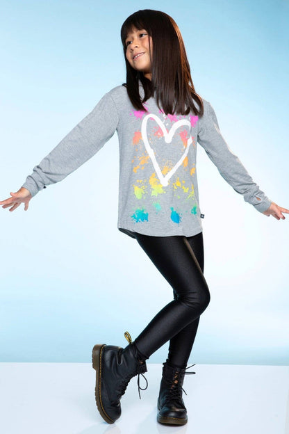 Heather Grey Rainbow Heart Modal Knit Hoodie Pullover with Thumbholes