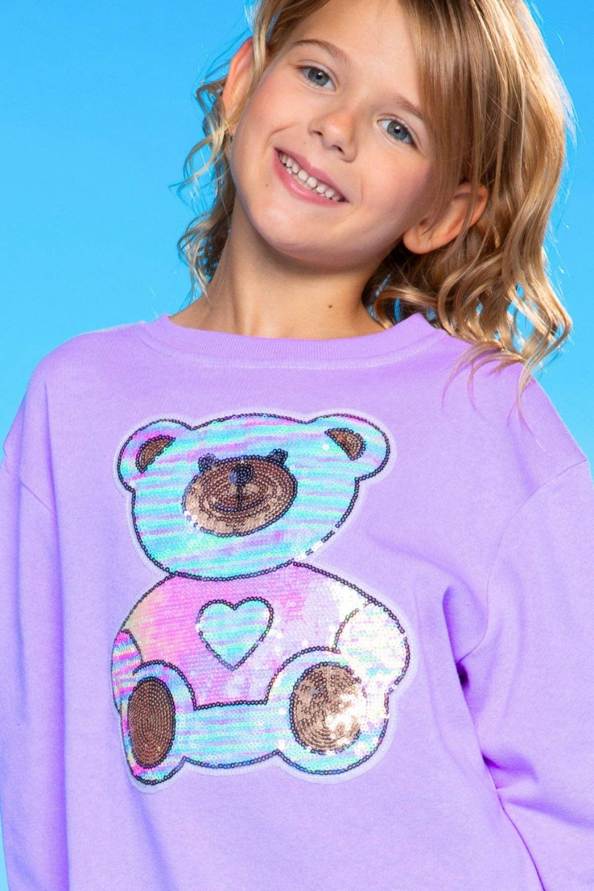 Cotton Soft French Terry Oversized Sweatshirt in Neon Violet Sequin Bear