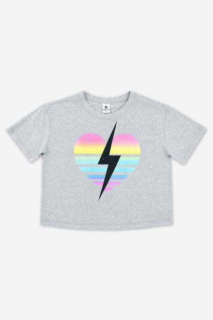 Grey Rainbow Heart Bolt Washed Cotton Drop Shoulder Tee