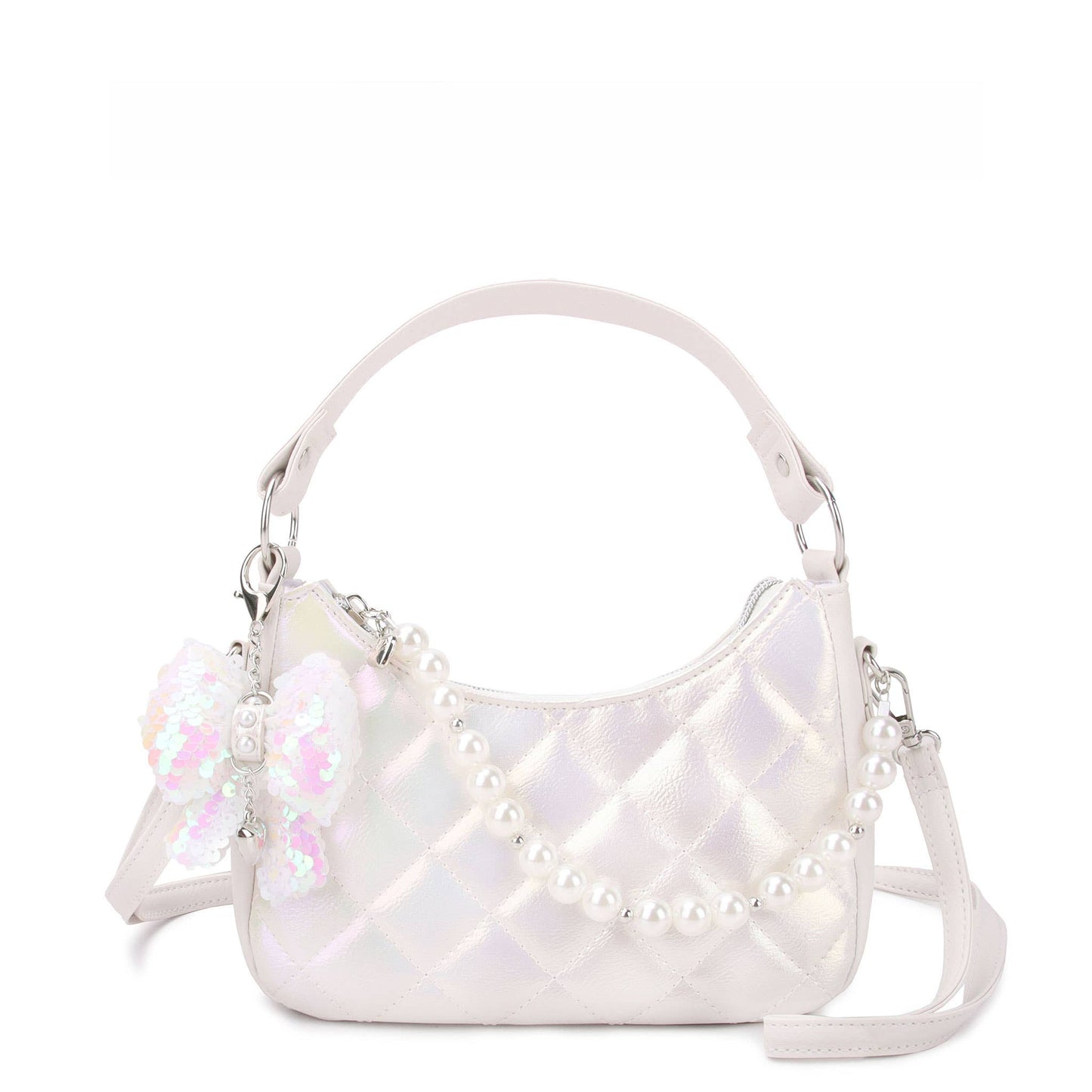 Metallic Quilted Bag with Pearl Chain