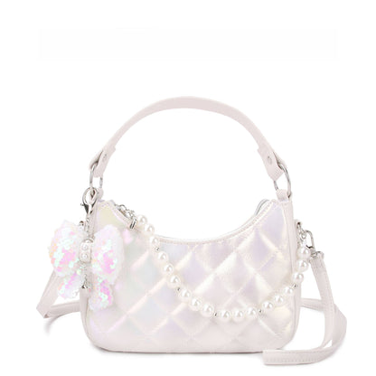 Metallic Quilted Bag with Pearl Chain