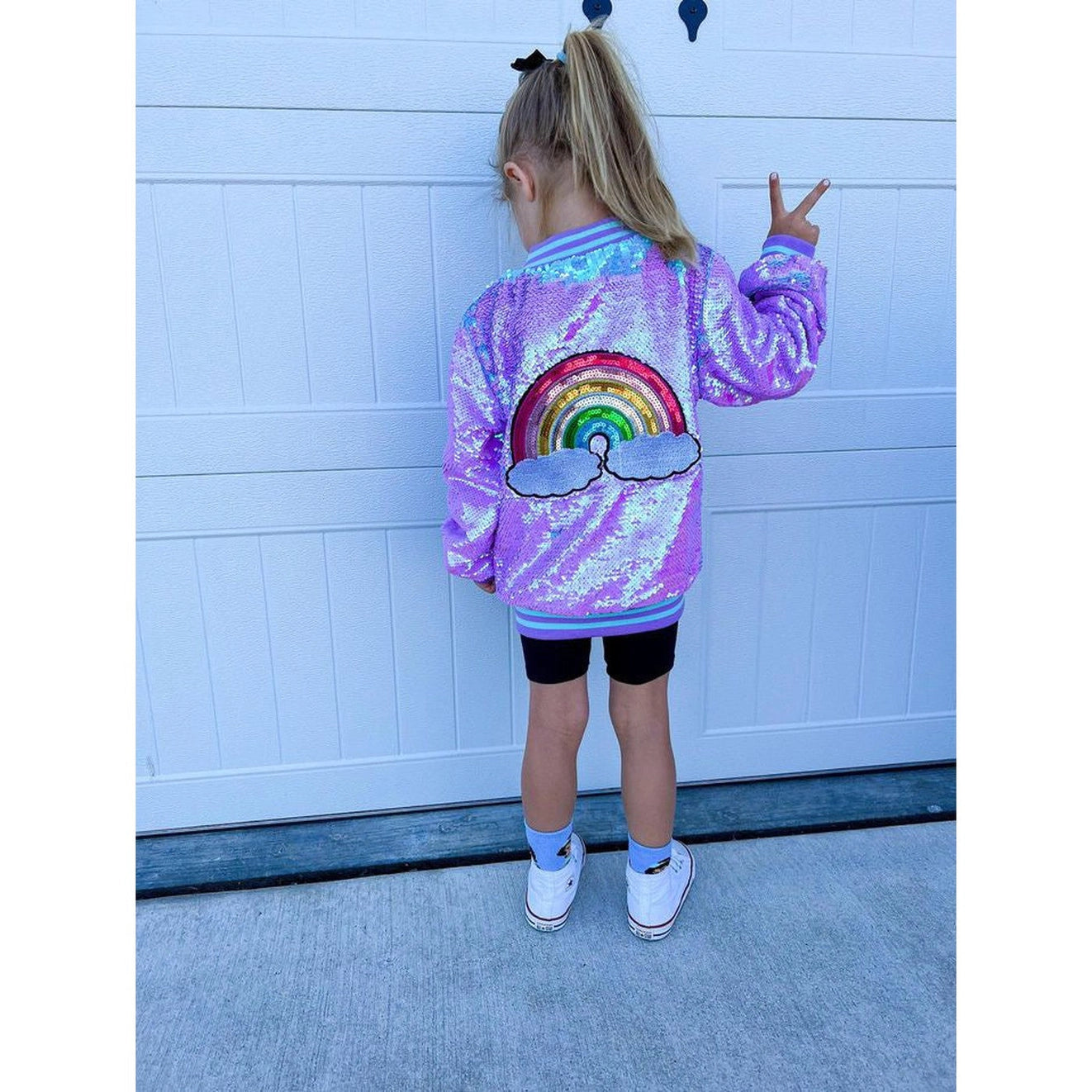 Purple Iridescent Patched Sequin Bomber Jacket