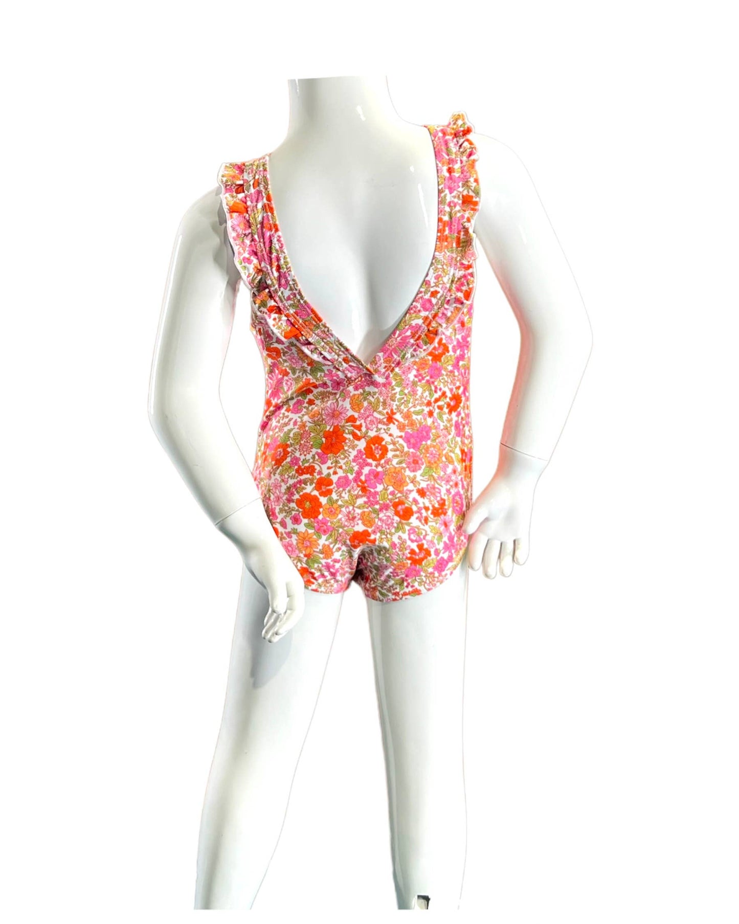 Pink Floral Ruffle Trim One Piece
