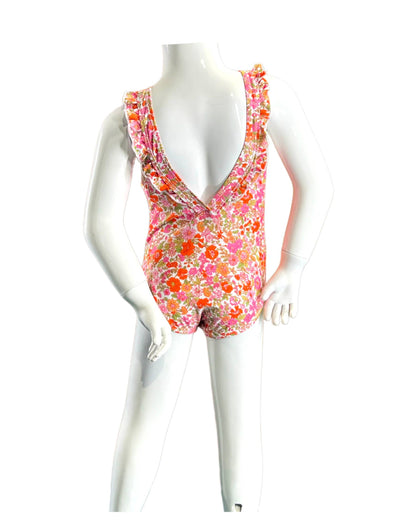 Pink Floral Ruffle Trim One Piece