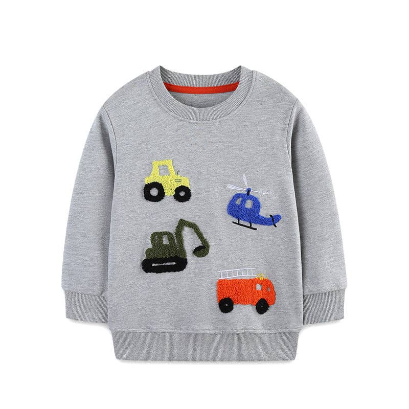 Grey Cartoon Vehicles Embroidered Sweatshirt