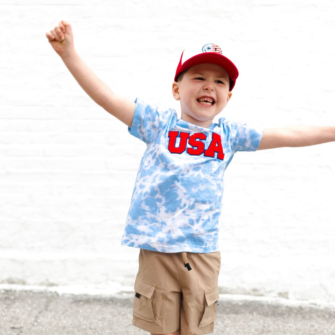 USA Patch Short Sleeve T-Shirt in Sky Tie Dye