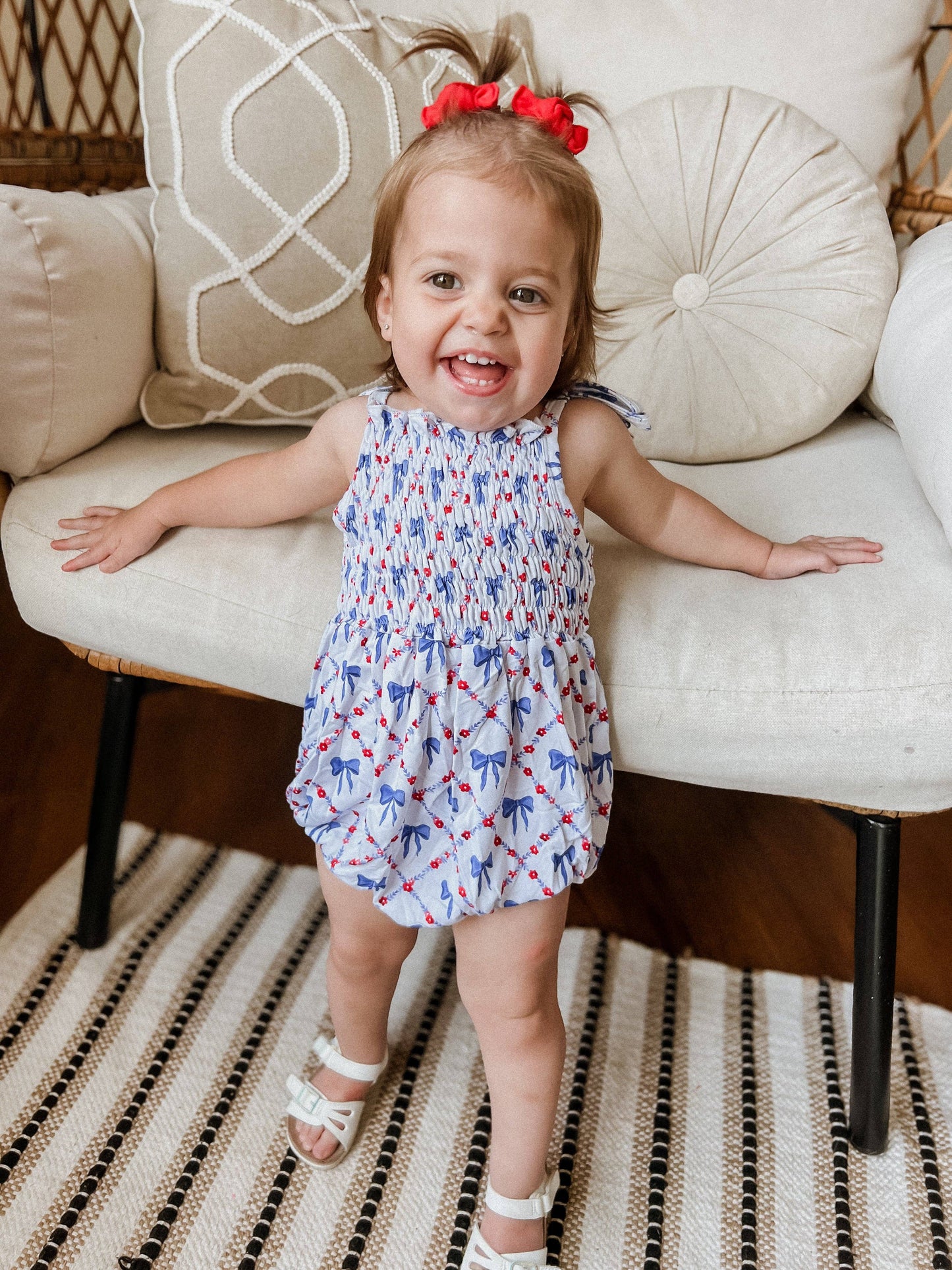 Red, White and Bows Smocked Bamboo Bubble Romper